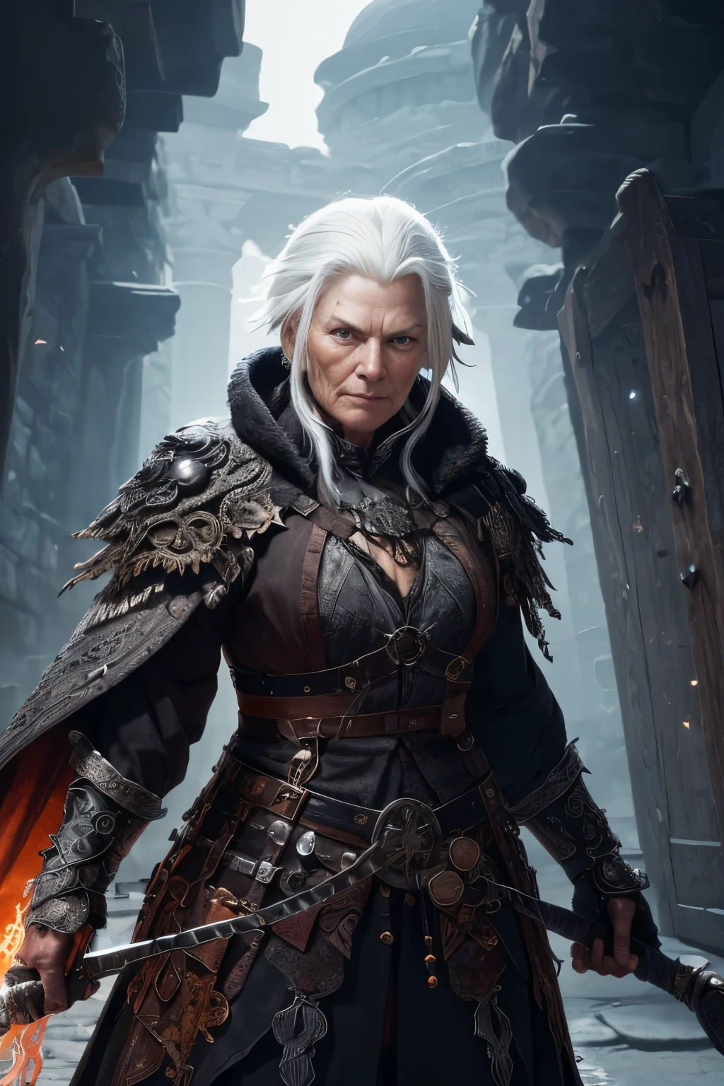 (extremely detailed 8k wallpaper), a medium photo of an old woman warrior with white hair from the necromancer Gerrary, intricate, with many details, dramatic