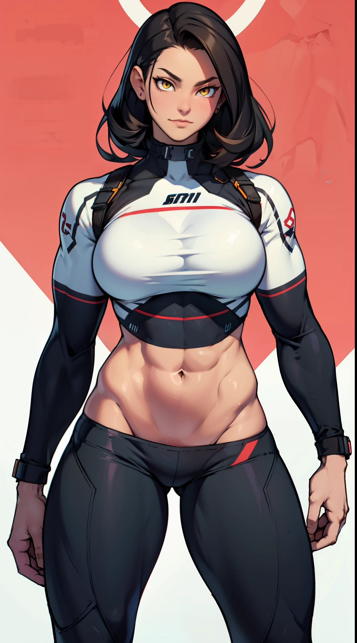 girl solo standing (((muscular girl toned body large breasts thick))) yellow eyes black hair pale skin perfect anatomy perfect anatomy perfect anatomy best quality best quality
