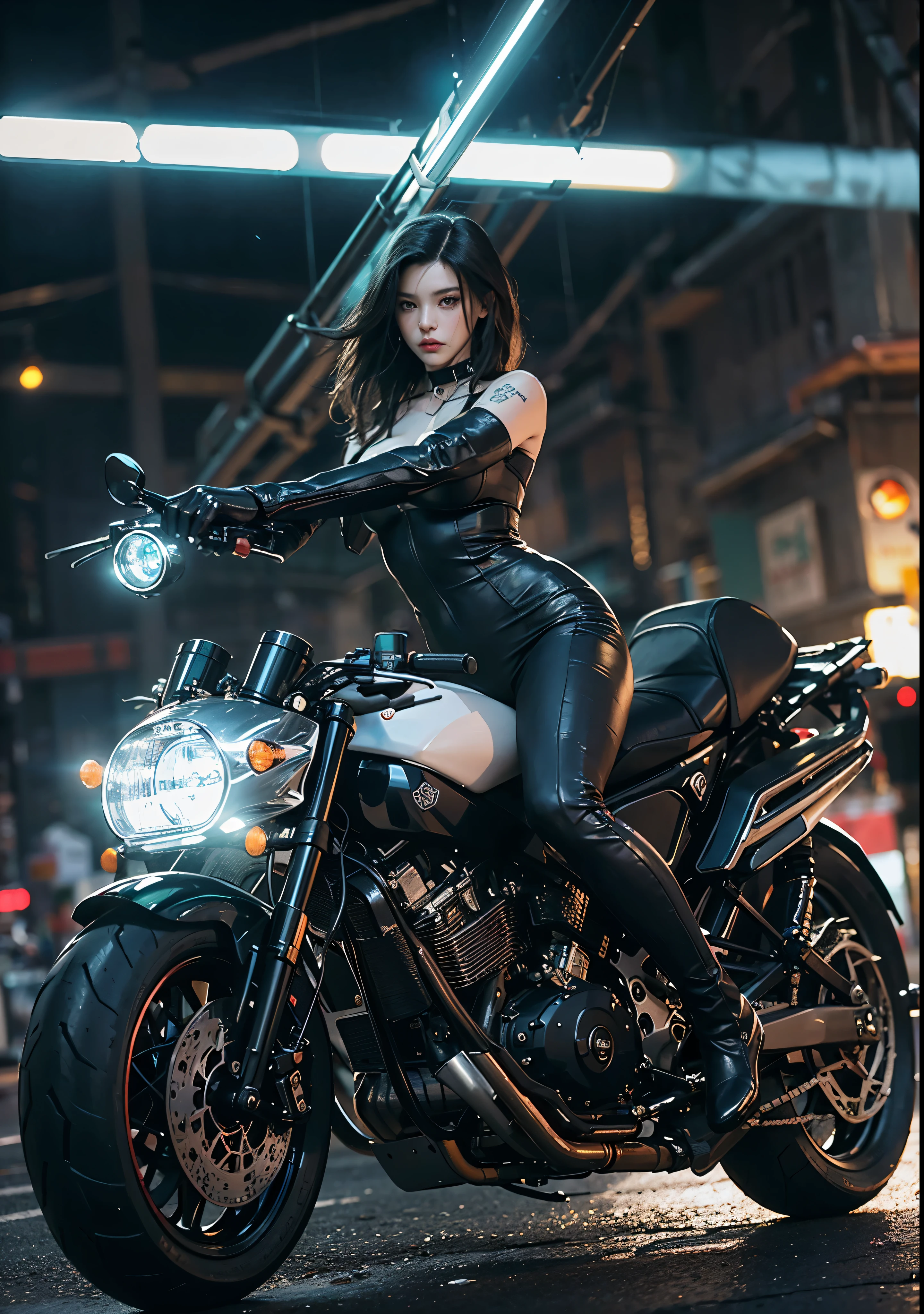 Huntress riding a high-tech motorcycle, Shoot high-tech cannons, Sparks from guns, (1 female, brown eyes, white skin, Twin-tailed black hair, choker, small breasts, skinny, lip whole, compensate, eyeliner, Russia), Wearing black one-piece leather armor, Long leather gloves, long Leather boots, In a cyberpunk town at night,  (cyberpunk theme), (masterpiece, highest quality, 8K, sharp focus, written boundary depth, best shadows, perfect light, HDR, realistic skin texture, Ultra-detailed and detailed background), wide shot