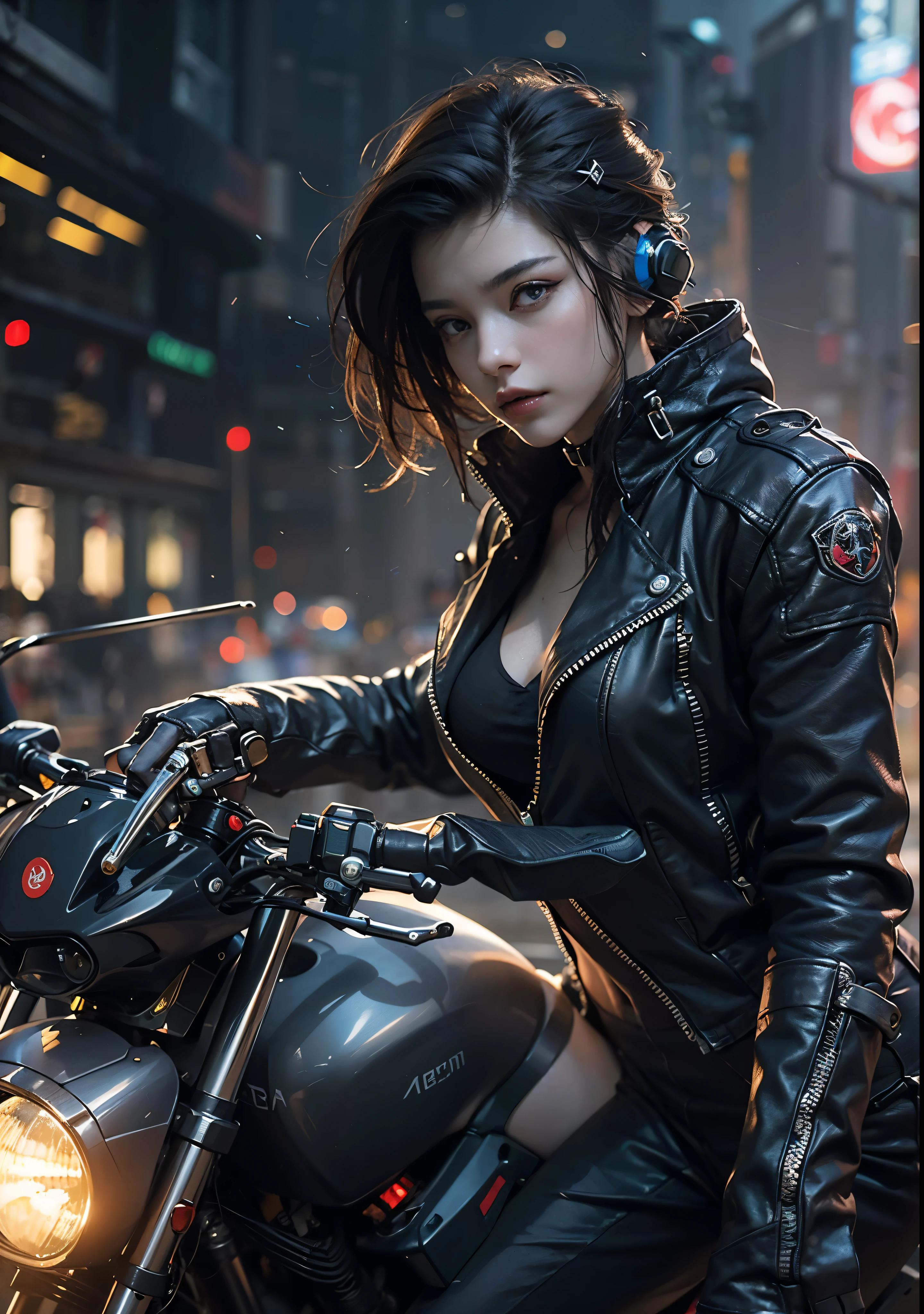 Huntress riding a high-tech motorcycle, Shoot high-tech cannons, Sparks from guns, (1 female, brown eyes, white skin, Twin-tailed black hair, choker, small breasts, skinny, lip whole, compensate, eyeliner, Russia), Wearing black one-piece leather armor, Long leather gloves, long Leather boots, In a cyberpunk town at night, (cyberpunk theme), (masterpiece, highest quality, 8K, sharp focus, written boundary depth, best shadows, perfect light, HDR, realistic skin texture, Ultra-detailed and detailed background), wide shot