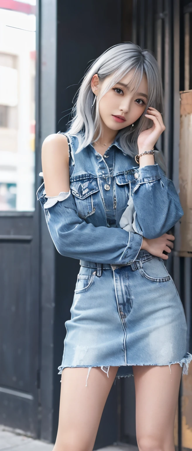 female idol、Full body Esbian、、Distressed denim tight mini dress、、good style、silver hair