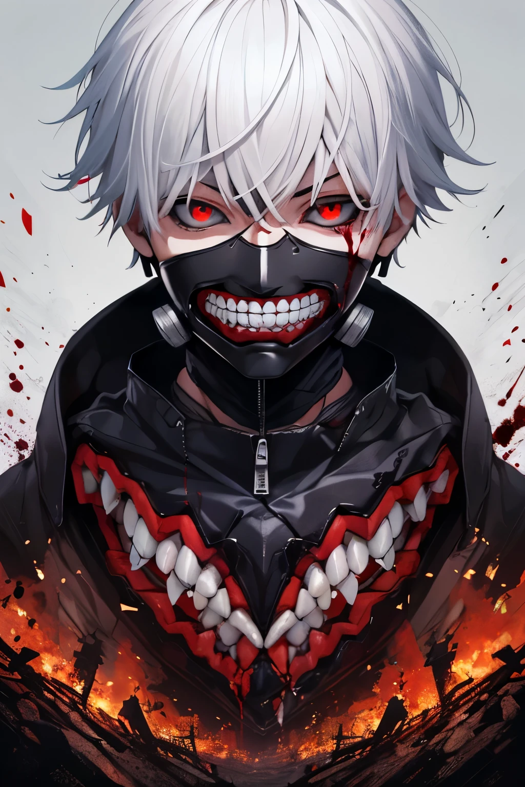 8k, anime, portrait, best quality, ultra high res, ultra detailed, high quality:1.4), (kaneki ken), white hair, red and black eye, mask | teeth, blood eyes, black jacket, white background, evil smile, evil, horror, sharp eyes