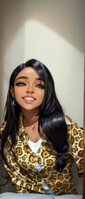 mulher sorridente com camisa com estampa de leopardo, mulher africana cabelo lisos e longos. Rosto bonito, nariz arredondado, mulher estilo desenho 