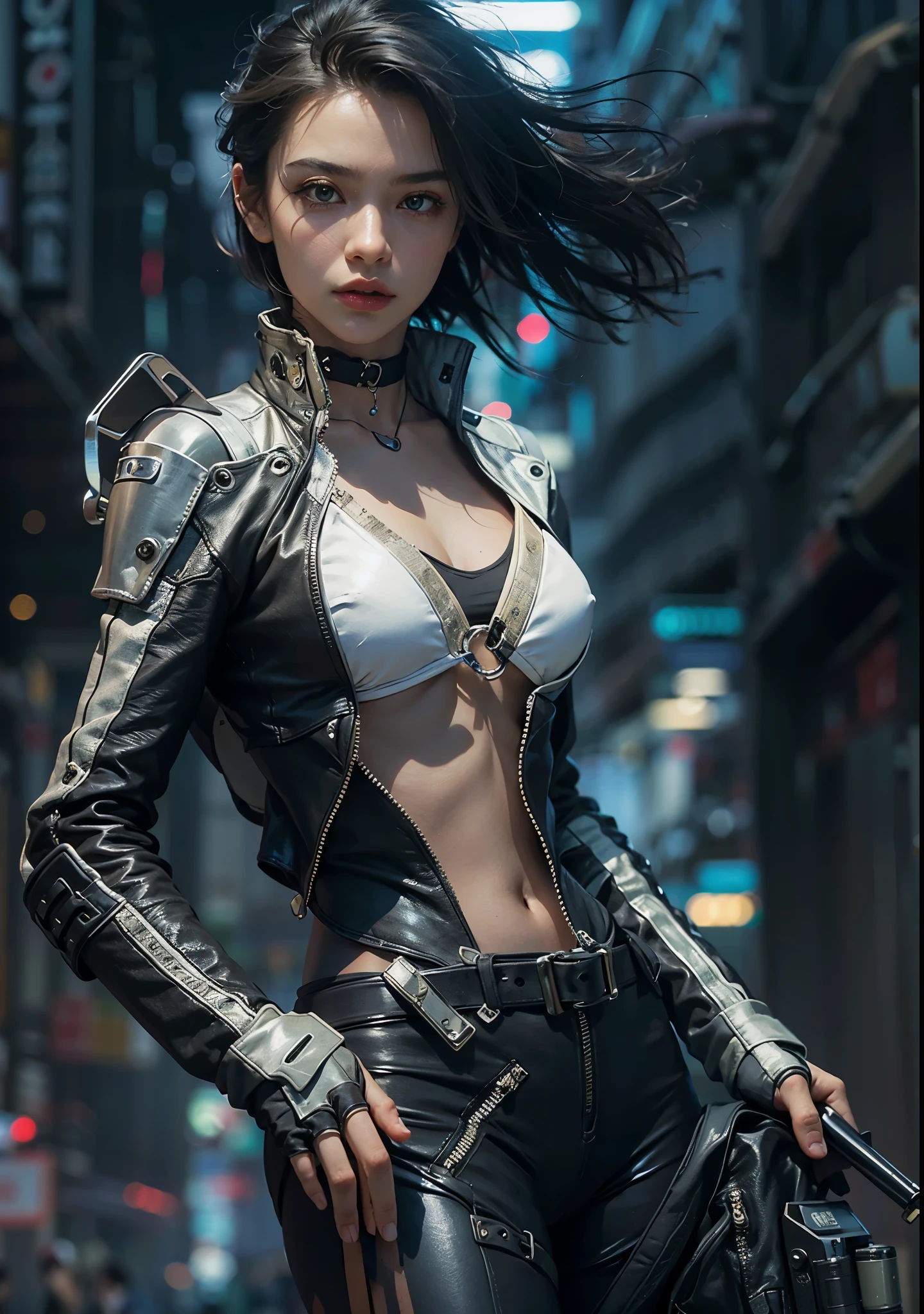 Huntress riding a high-tech motorcycle, Shoot high-tech artillery, Sparks from the gun, (1 female, brown eyes, white skin, Twin-tailed black hair, choker, small breasts, skinny, lip whole, compensate, eyeliner, Russia), Wearing black one-piece leather armor, Long leather gloves, long Leather boots, In a cyberpunk town at night,  (cyberpunk theme), (masterpiece, highest quality, 8K, sharp focus, Depth of bounds written, best shadows, perfect light, HDR, realistic skin texture, Ultra-detailed and detailed background), wide shot