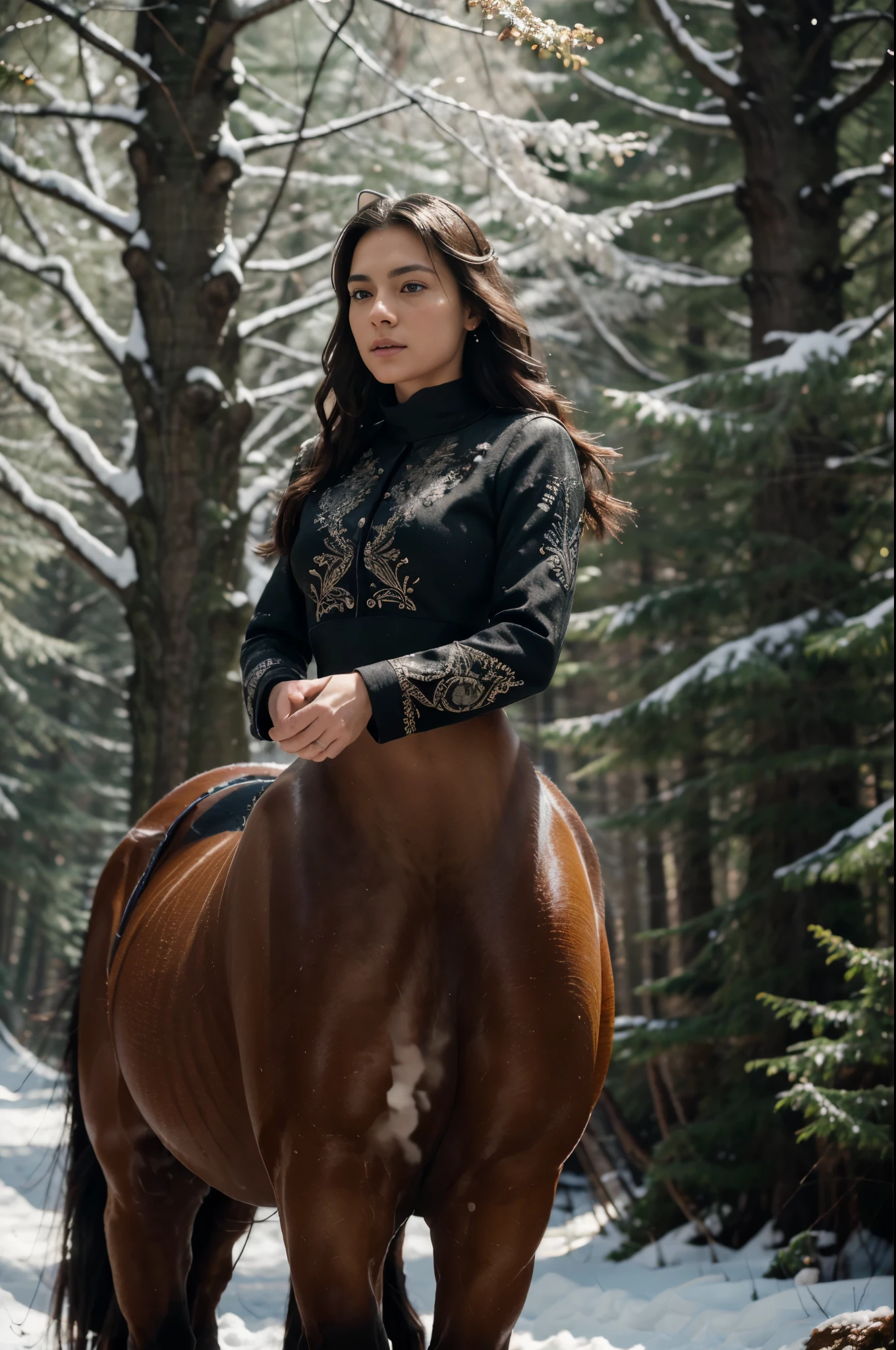 A centaur galloping through a snowy forest RAW photo, (masterpiece), (extremely intricate:1.3), (realistic), cinematic lighting, detailed skin, highly detailed, extremely delicate and beautiful, 8k, soft lighting, high quality, highres, sharp focus, extremely detailed, during the day,  extremely detailed eyes and face, masterpiece, cinematic lighting, (high detailed skin:1.2), 8k uhd, dslr, soft lighting, high quality, film grain, Fujifilm XT3