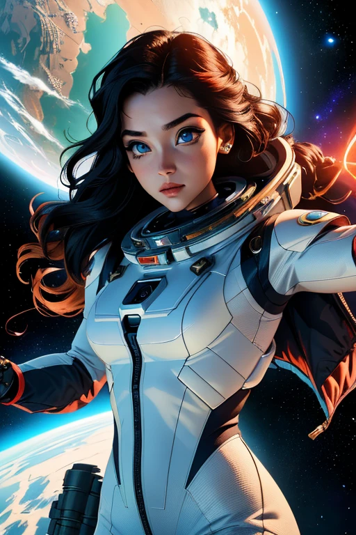 Stunning female in space suit, sci-fi, extremely beautiful piercing eyes, cinematic scene, hero view, action pose, scenery, detailed background, masterpiece, best quality, high quality, intricate, absurdres, very detailed, extremely high resolution, 8k, vivid, colorful, Studio Ghibli xl:1.5>