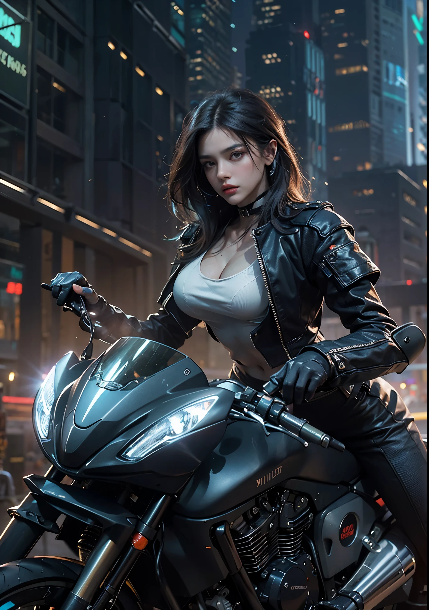 Huntress riding a high-tech motorcycle, Shoot high-tech artillery, Sparks from the gun, (1 female, brown eyes, white skin, Twin-tailed black hair, choker, small breasts, skinny, lip whole, compensate, eyeliner, Russia), Wearing black one-piece leather armor, Long leather gloves, long Leather boots, In a cyberpunk town at night,  (cyberpunk theme), (masterpiece, highest quality, 8K, sharp focus, Depth of bounds written, best shadows, perfect light, HDR, realistic skin texture, Ultra-detailed and detailed background), wide shot