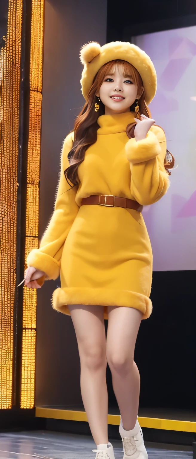 female idol、Full body Esbian、、yellow fur mini dress、、good style、light orange hair、first round、fur hat