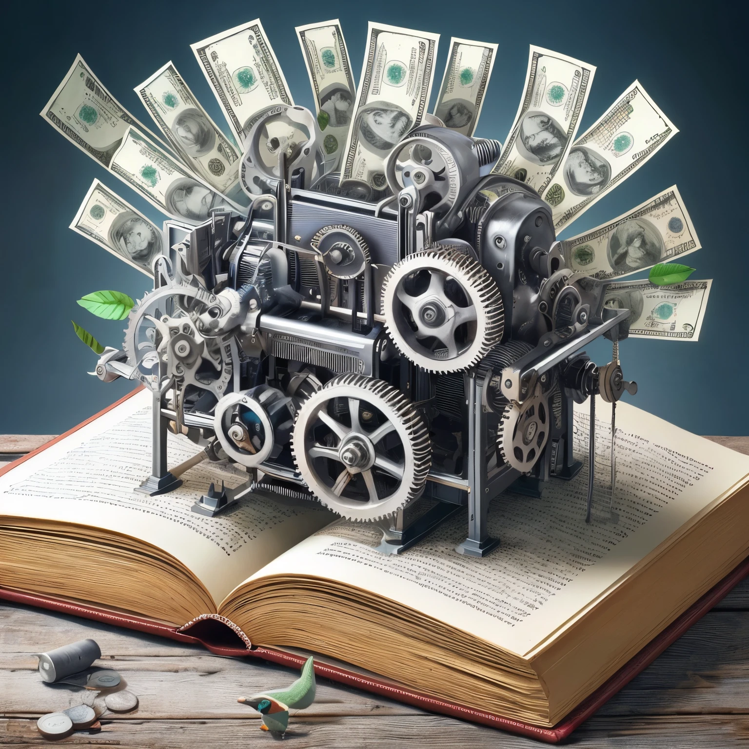 there is a book with a machine made of money, detailed Book illustration, Lendo livro de engenharia, illustratioin, por Kurt Roesch, por Alexander Kucharsky, Book illustration, Intricate history, feito de dinheiro, encyclopedia illustration, Direction: Ludwik Konarzewski, por Matt Cavotta, A Arte dos Livros, elaborate illustration