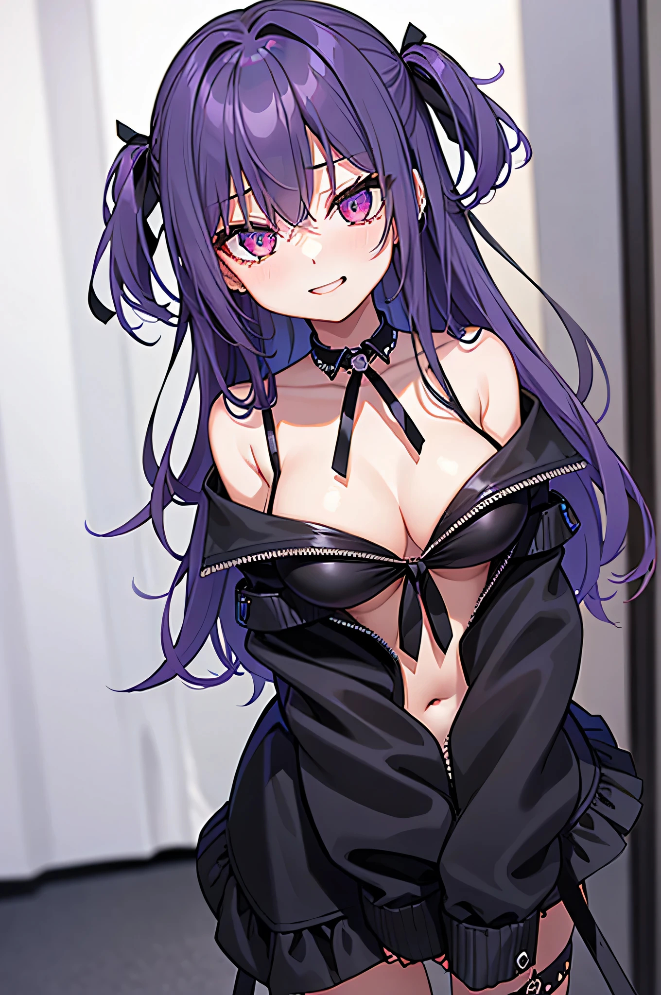 obra de arte, 2D, High definition, 1 garota, Miteria, cabelo longo roxo, ornamentos de cabelo de morcego, colar de morcegos,colar de morcego, olho vermelho, camisa roxa, black neck ribbon, tronco, sorriso