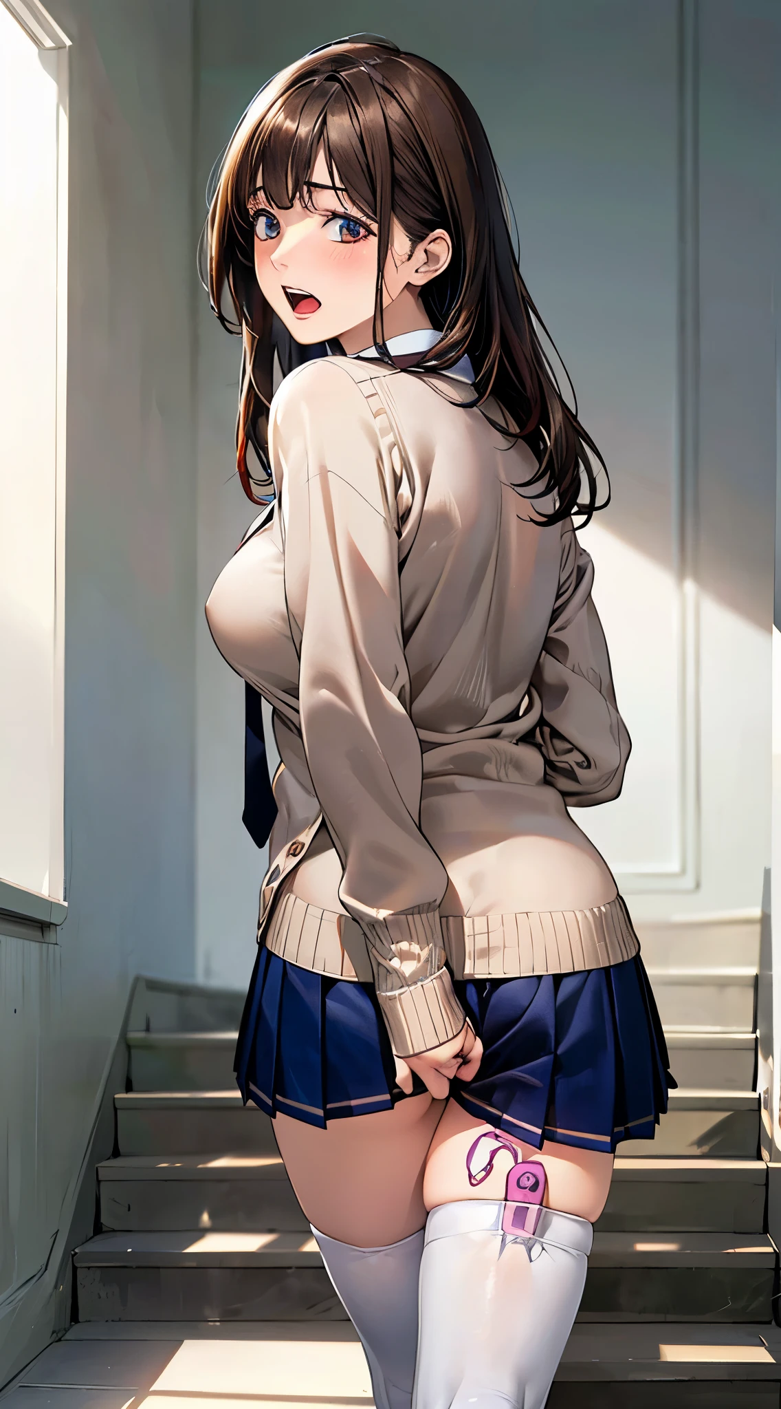 (masterpiece:1.2, top-quality), (realistic, photorealistic:1.4), beautiful illustration, (natural side lighting, movie lighting), 
(((from behind, (from below), looking back))), 1 girl, japanese, high school girl, perfect face, cute and symmetrical face, shiny skin, 
(middle hair:1.8, straight hair:1.7, brown hair), asymmetrical bangs, gold eyes, (large breasts:1.1, thick thighs), 
beautiful hair, beautiful face, beautiful detailed eyes, beautiful clavicle, beautiful body, beautiful chest, beautiful thigh, beautiful legs, 
((light blue collared shirts, navy pleated mini skirt, socks, navy tie, light brown cardigan, white thighhighs)), pink panties, 
(beautiful scenery), evening, city staircase, walking, leaning forward, vibrator in thighhighs, (touching the buttocks, ), 
((ahegao, ashamed, scared, open mouth)), looking up from the bottom of the stairs, 