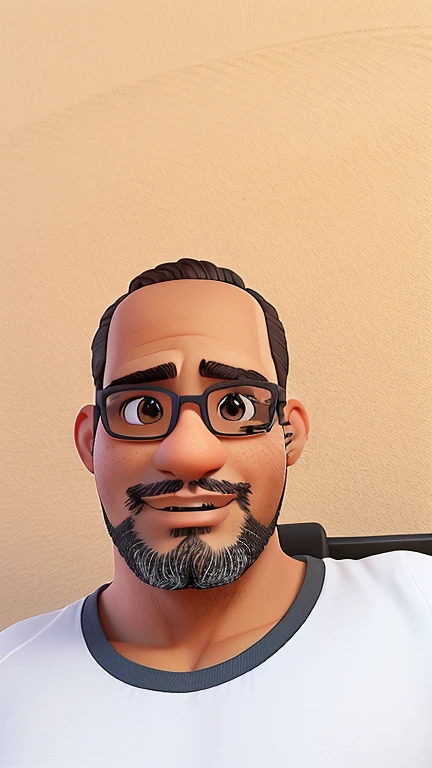 Create a 3D illustration of an animated brunette Brazilian character with glasses sitting casually on top of a social media logo "WhatsApp". O personagem deve usar camiseta preta, cabelos bem curtos e levemente calvo, pele morena, olhos levemente puxados, has an athletic body, barba e segurando um Xiaomi. The background of the image is a social media profile page with the username "Franklin" e uma foto de perfil correspondente