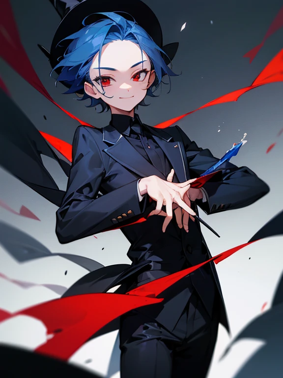 masterpiece, best quality, ultra detailed, 1boy, magician, black suit, silk hat, blue hair, short hair, stingy hair, forehead, red eyes, fearless smile