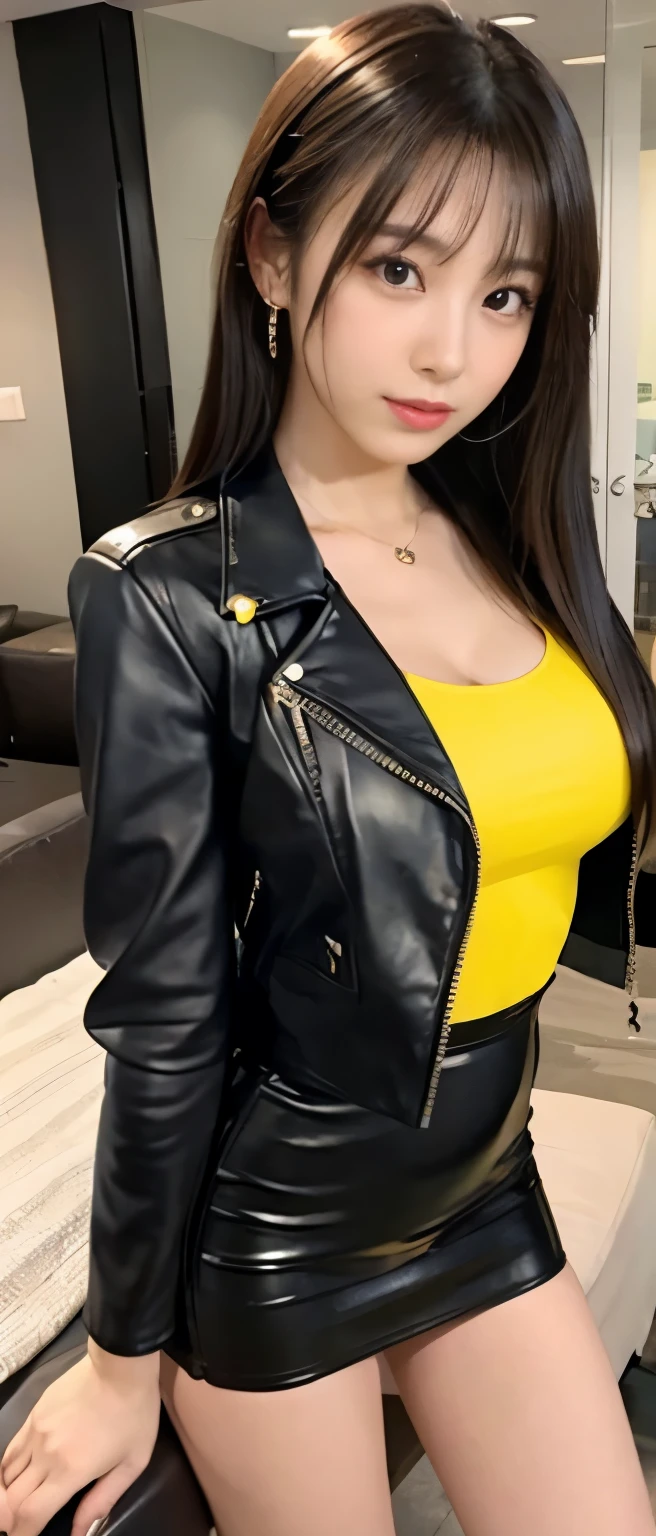gorgeous queen idol、Full body Esbian、、yellow tight mini dress、、good style、leather punk jacket、gorgeous room