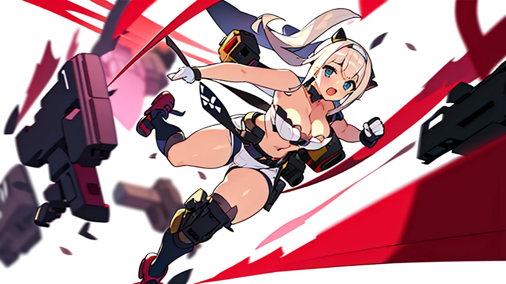 Anime girl , combat pose, (((blurry background, white background))), character focus, strapless bra, micro shorts, solo,