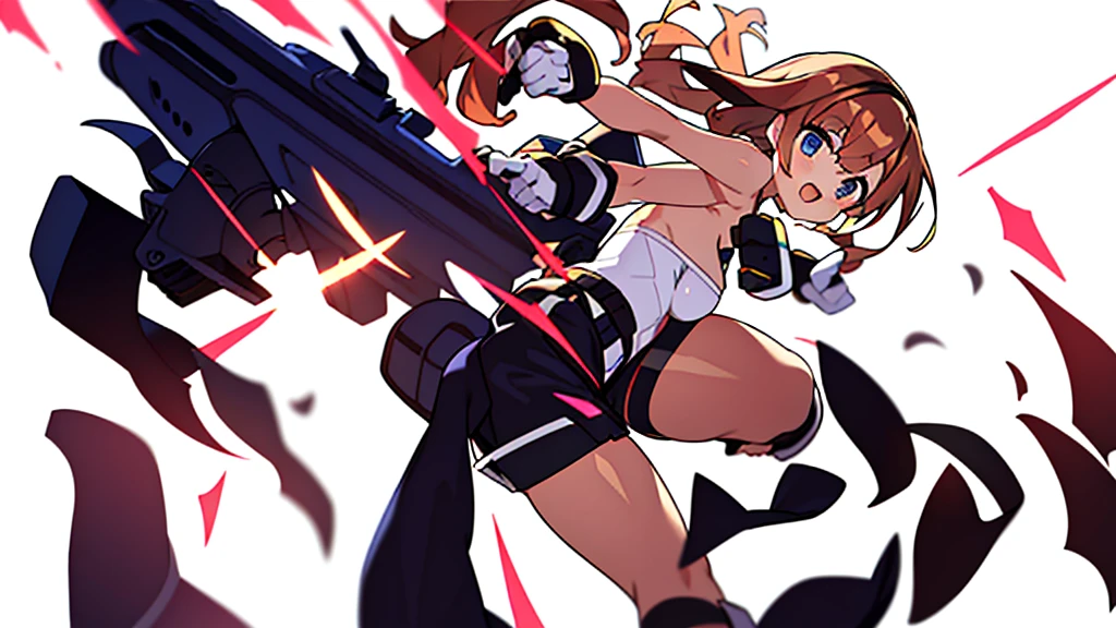 Anime girl , combat pose, (((blurry background, white background))), character focus, strapless bra, micro shorts, solo,