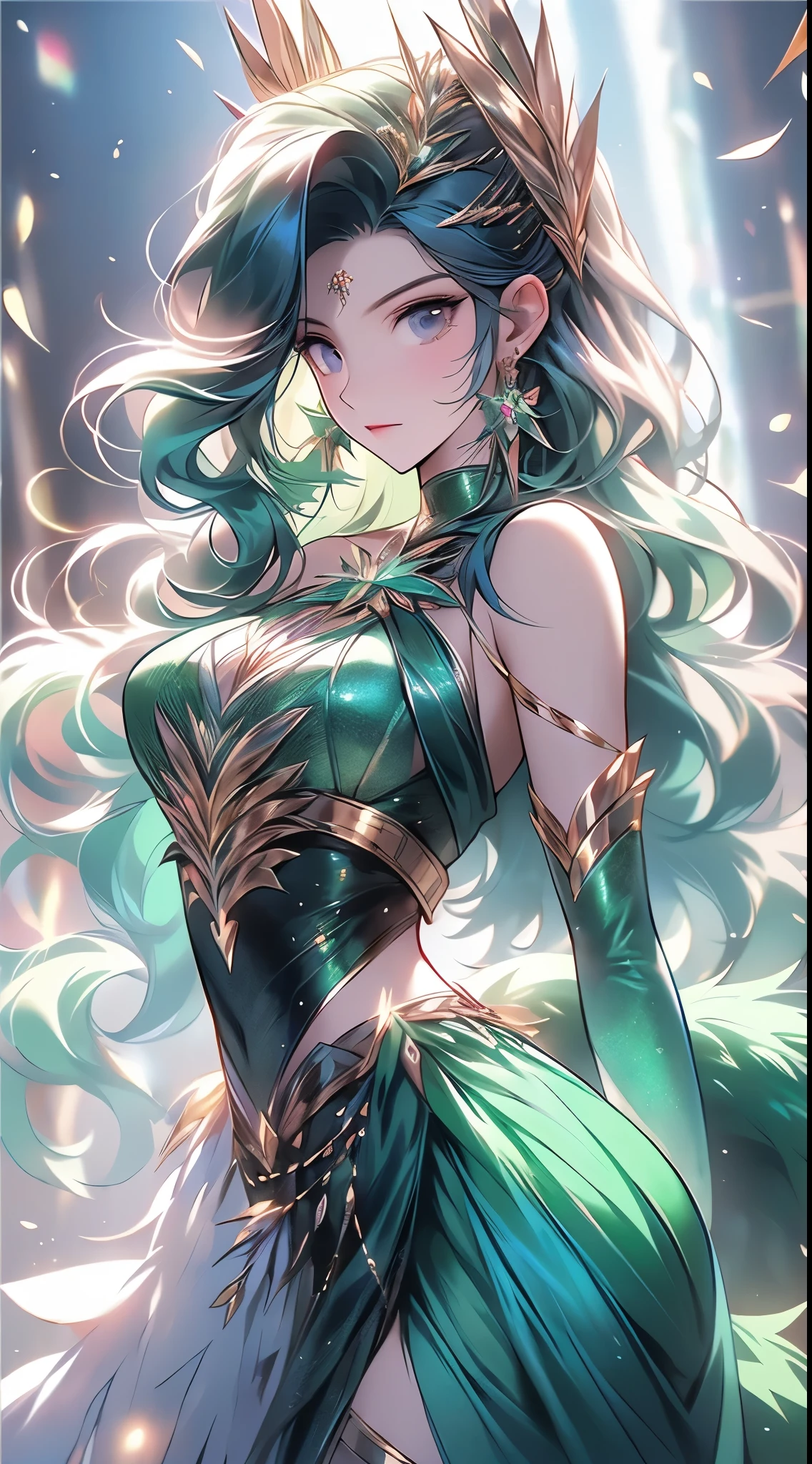 According to the characteristics and qualities you mentioned., Here is a description of a female character., a witch with green colors and who has the peacock animal as part of her representation: Silvana, la bruja pavo real, una bruja con un aura misteriosa y exuberante. Ella emana uma energia verde vibrante, reflecting your connection with nature and the magic of the forest. Tu piel tiene un tono suave y brillante., as if illuminated by sunlight filtered through the dense foliage. Sus ojos son como esmeraldas relucientes., fascinating and full of wisdom. Su pelo, largo y exuberante, Ella's cascada de hilos verde esmeralda, adornado con plumas y adornos dorados, en honor al pavo real. Peacock feathers also extend from the head., formando una elegante corona verde. Silvana lleva un vestido largo, fluido y elegante, made of green and organic fabrics, that resemble leaves and flower petals. Su outfit adornado con detalles dorados.., representando los deslumbrantes colores del pavo real. Ella usa uma capa verde-esmeralda, with a tail subtly patterned like the feathers of the animal that accompanies it. In addition to its impressive appearance, Silvano has magical abilities related to nature. Ella puede invocar la fuerza de los pavos reales., Creating charming and hypnotic spells.. Its powers are also linked to healing and renewal..., poder revitalizar la vida de las plantas y de los seres vivos que las rodean. Silvano the guardian of the forest and defender of animals. He cares deeply about ecological balance and fights against those who disrespect nature... Her resilient spirit and ancient wisdom make her an inspiring leader for those who long for a deeper connection with nature.......... Silvano' traveling may involve protecting natural habitats, Rescatar animales en peligro y restablecer el equilibrio de la naturaleza.. Ella es un personaje compasivo y justo., con un fuerte sentido de responsabilidad