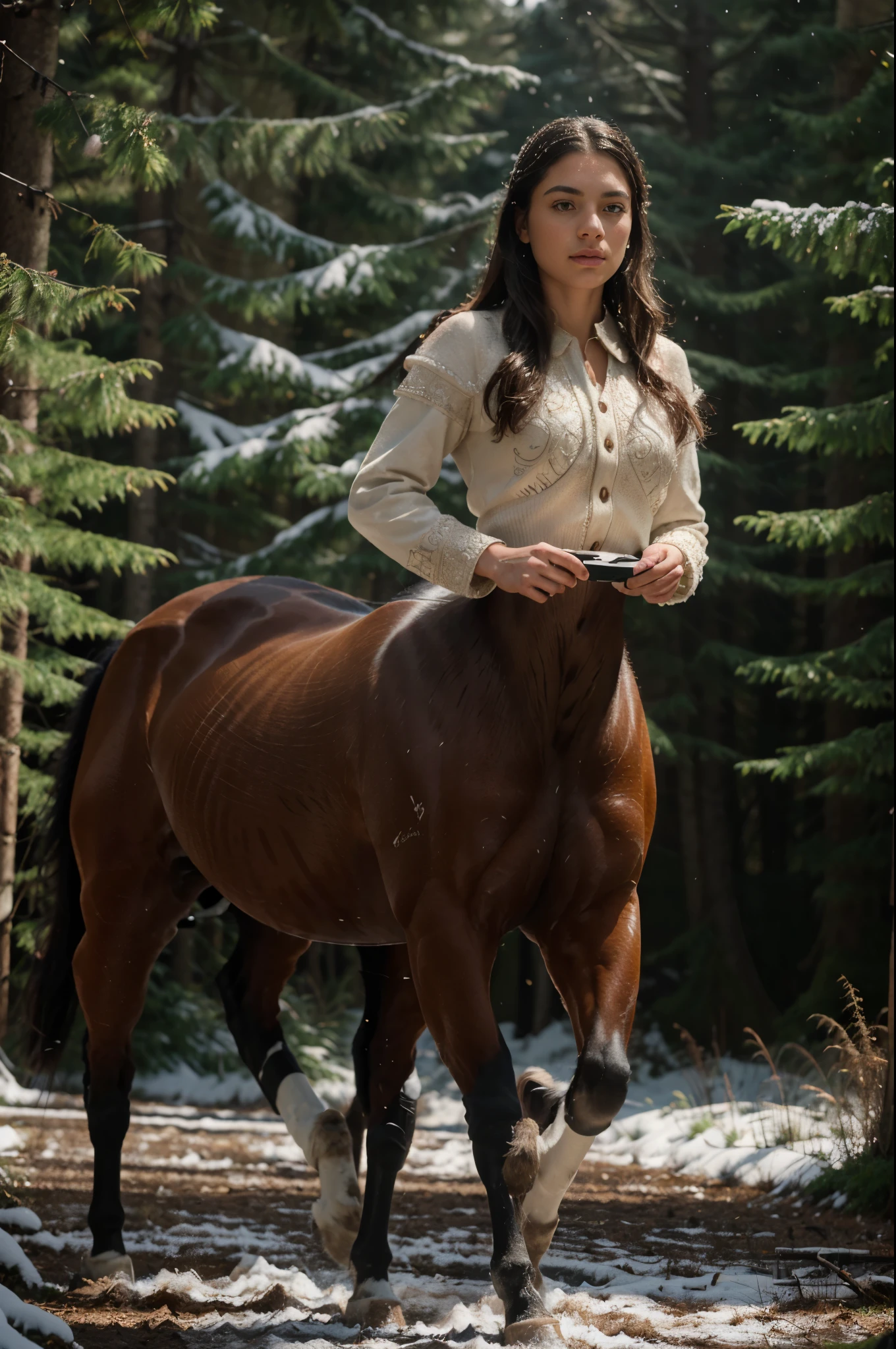 A centaur galloping through a snowy forest RAW photo, (masterpiece), (extremely intricate:1.3), (realistic), cinematic lighting, detailed skin, highly detailed, extremely delicate and beautiful, 8k, soft lighting, high quality, highres, sharp focus, extremely detailed, during the day,  extremely detailed eyes and face, masterpiece, cinematic lighting, (high detailed skin:1.2), 8k uhd, dslr, soft lighting, high quality, film grain, Fujifilm XT3