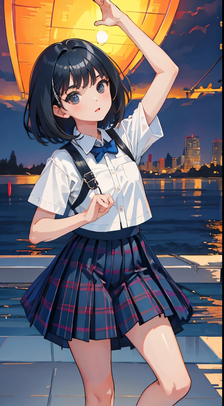dance,(),(masterpiece,Top quality),Plaid navy pleated mini skirt,short sleeve,black hair,Summer Classroom,Lakeside