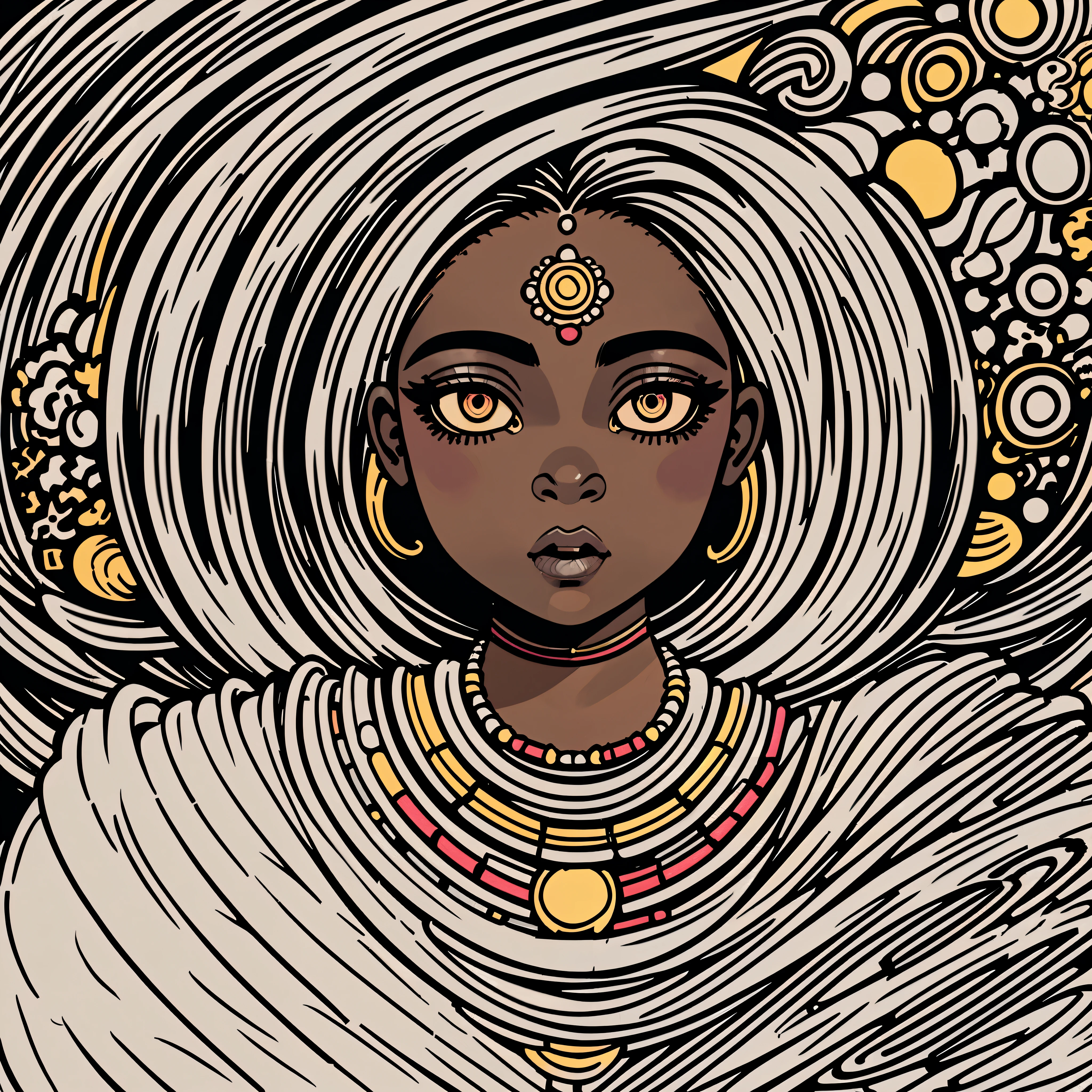 portrait of a traditional african woman, traditional african clothes, fancy hair, dark skin, abstract and contemporary style, ((detailed and expressive cartoon eyes)), fine art style, lots of fine lines and shading style, muted colours, full background with detailed line art