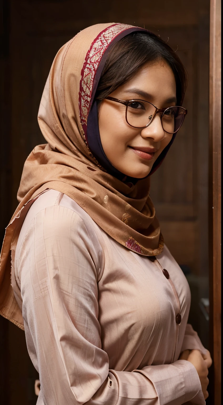 Malay woman with maroon colour silky hijab, covering her hair, pinky lipstick posing for profile picture, wearing glasses, dimples on her both cheeks, nice smile, 38 yo woman, wearing beige colour ( baju kurung ) traditional attire, comfy and cozy background, raw, close up, profile picture