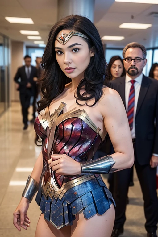 (One woman in a wonder woman costume in office:1.1)、(Middle aged man in suit:1.1)、(sexual harassment:1.2)、(hand on her back), (Full body shot)、(Super beautiful)、(ultra beautiful faces)