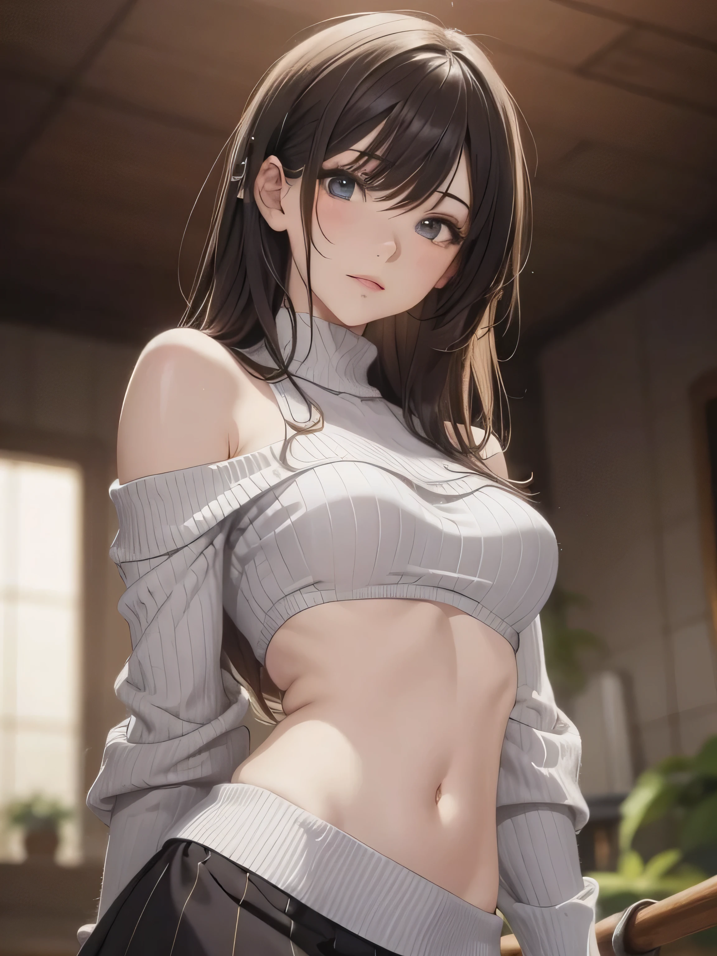 masterpiece, top quality, Raw photo, 8k, high resolution, Photorealsitic, finely detail, Very detailed, foco nítido, Cinematic, Light on Face,
((blur, depth of fields, Close-up face:1.3)), ((1girl, extra detailed Delicate beautiful face, have high sexual climax,enduring sexual sensations:1.6)),upper body, cowboy shots,
Dark brawn messy hair, long hair, Dark brawn eyes,
casual clothes, off shoulder, knitted sweater, skirt, The bulge in her chest looks so soft