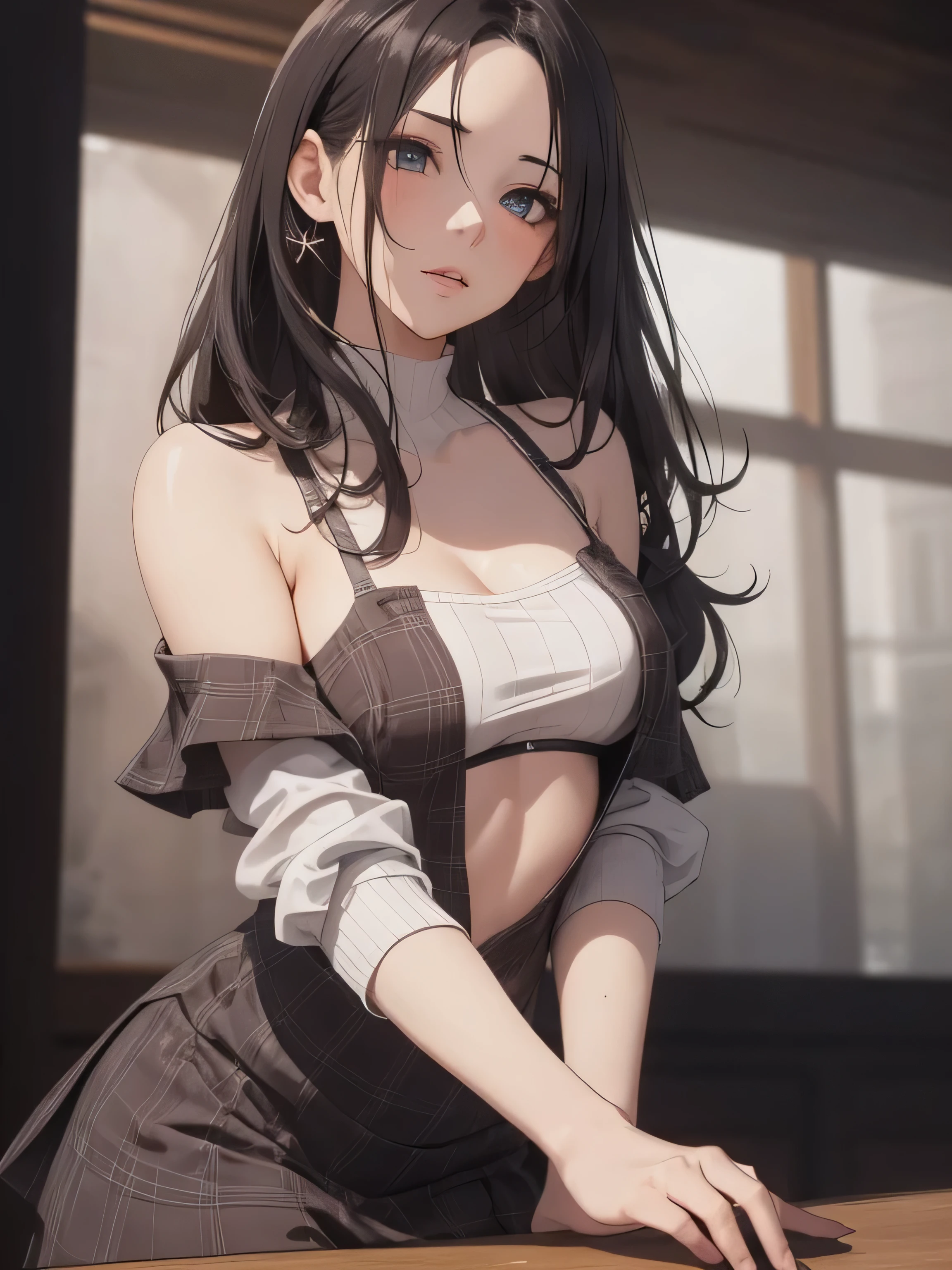Anime Kawaii sexly Perfect Slim sensual body large breast and huge thighs, An intricate and highly detailed illustration of anime (Young girl ((highest quallity)), ((work of art)), (detailded), A person,age 25,(black knit sweater),(mini-skirt),bare one shoulder,breasts big,blush,below the bust,(Your cleavage is visible),(excited expression),(seduce),natta,hinterland,ruins,nattaのruins,Poor lighting,(in a dimly lit room),(in a messy room),Be careful when browsing,sexly,grimy,sweat,(Black knee-high socks),