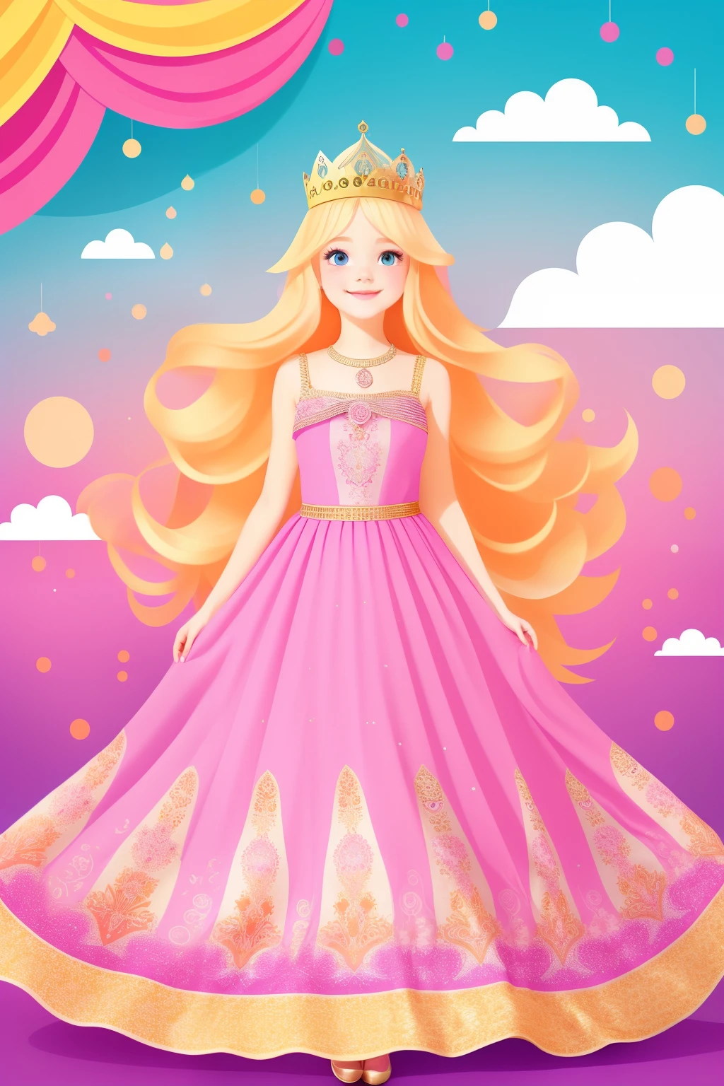 PRINCESS SMILE CUTE ILLUSTRATION PAGE VIVED COLORFUL LONG DRESS TO FLOOR BLOND HAIR CROWN PINK BACKGROUND FULL BODY ON PAGE