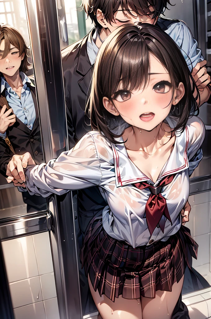 ((NSFW)),((((1 boy and 1girl are having sex)))),standing doggy, hug from behind、raise your arms、crowded train、25 year old beautiful woman, I'm half Russian and half Japanese、i have super white skin、(((School uniform)))、small breasts、( messy brown short hair),she has very nice skinny legs, sexual climax, ,heavy breathing, make cheeks red,body is wet、((small breastsに射精))、sexual excitement