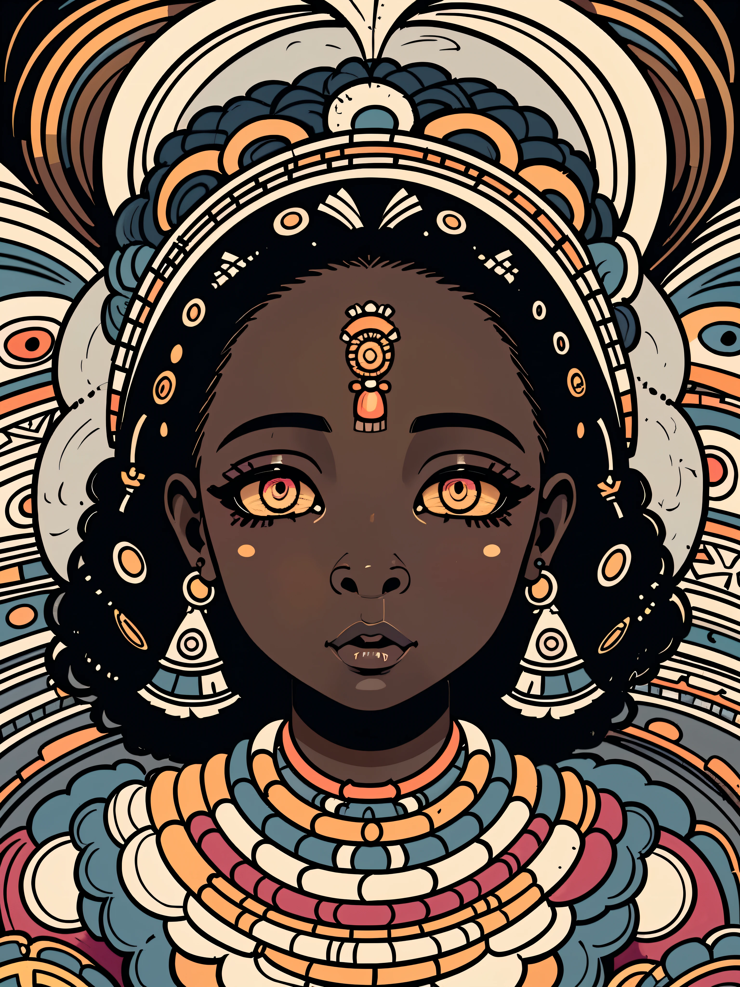 portrait of a traditional african woman, traditional african clothes, fancy hair, dark skin, abstract and contemporary style, ((detailed and expressive cartoon eyes)), fine art style, lots of fine lines and shading style, muted colours, full background with detailed line art