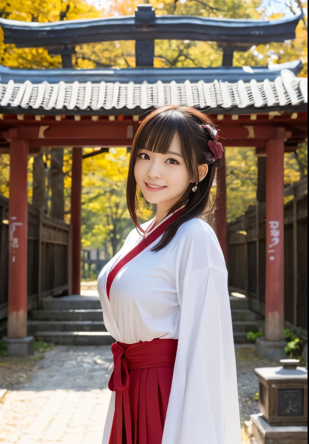  shrine、Sunny winter weather、The leaves wither and fall、Snow covered plants、Japanese Clothing、Plain white kimono、The skirt part is red、Shrine maiden、Standing in front of the torii gate with the shrine behind、 Sakimi-chan,, Nice and cute, An innocent smile,  , nice smile, Sakimi-chan HDRI、 Big Breasts、,(A big bust that seems to burst:1.20),(beautiful Big Breasts 1:1)、Brown Hair、Brown Hairの髪、Beautiful Eyes、 With short bob、I can see the valley