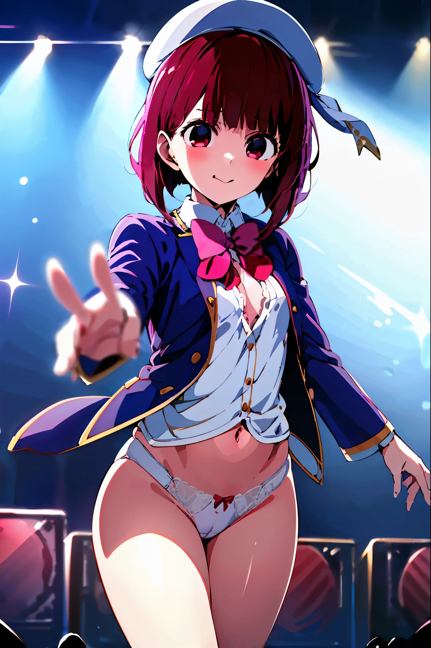 NSFW,1girl,mastervation (masterpiece, highest quality, High resolution),
Kana Arima \(Shinobu&#39;s *****\),
School_uniform, violet beret, pink_red bow tie, violet_Jacket,upskirt ,white lace panties ,white lace bra,live stage,Live performance venue,live lighting,live venue,audience,idol stage,dance,dynamic angle,