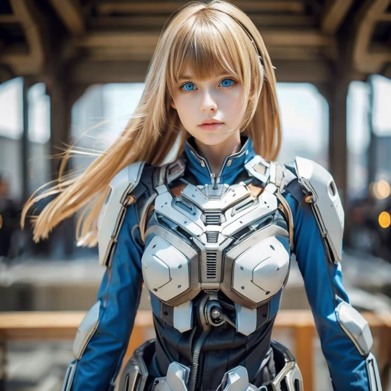 real , plain air, Girl on a motorcycle, Medium hair, brown hair, asymmetrical bangs, beautiful detailed Glass hair, blue eyes, big chest, mechanical suit, , Clear, ornament detached、 Illumination scattered body, body suit, face forward,