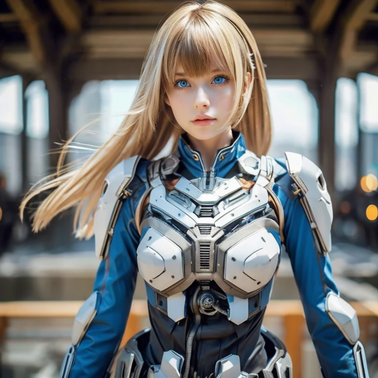 real , plain air, Girl on a motorcycle, Medium hair, brown hair, asymmetrical bangs, beautiful detailed Glass hair, blue eyes, big chest, mechanical suit, , Clear,  ornament detached、 Illumination scattered  body, body suit, face forward, 