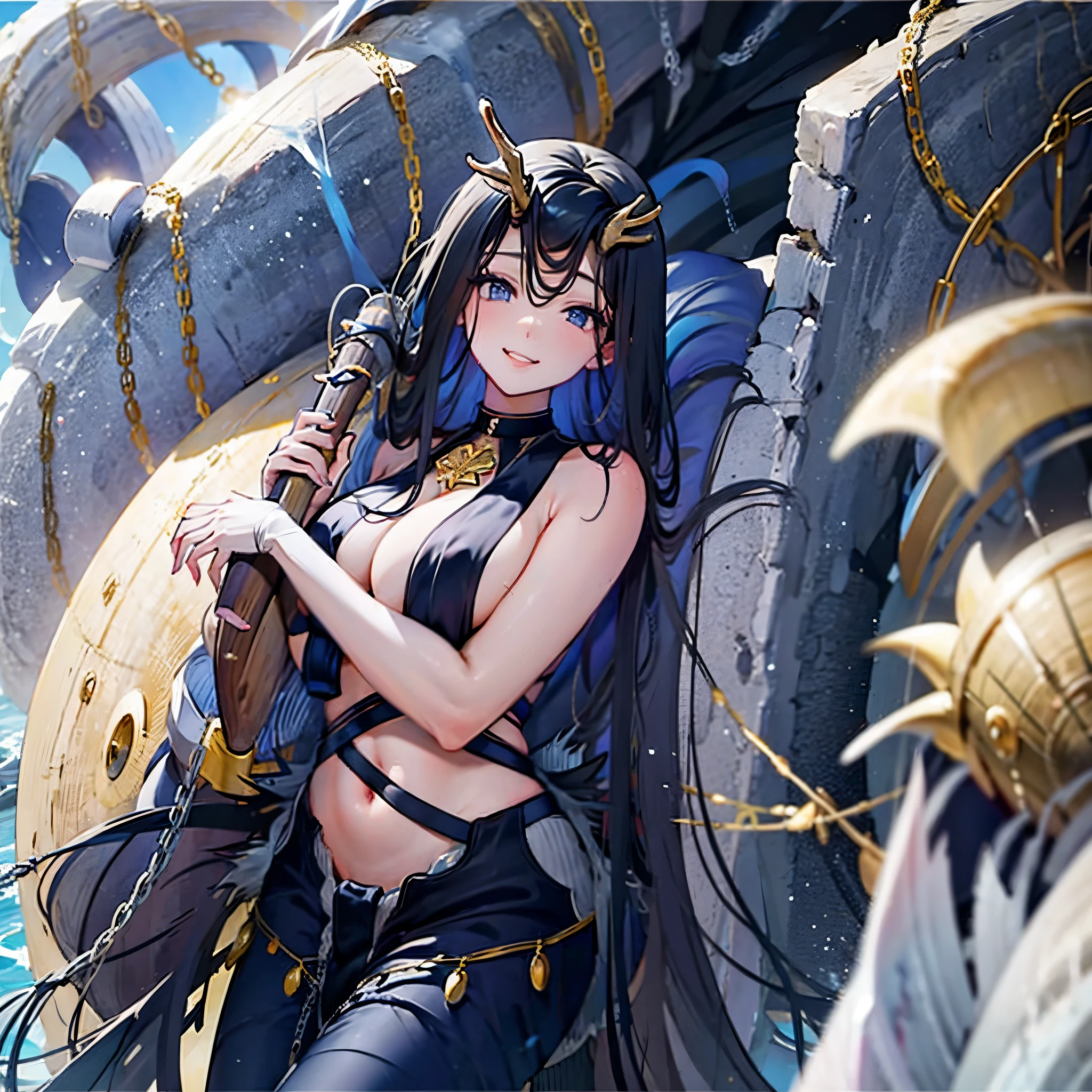 A smiling woman on an ancient ship
