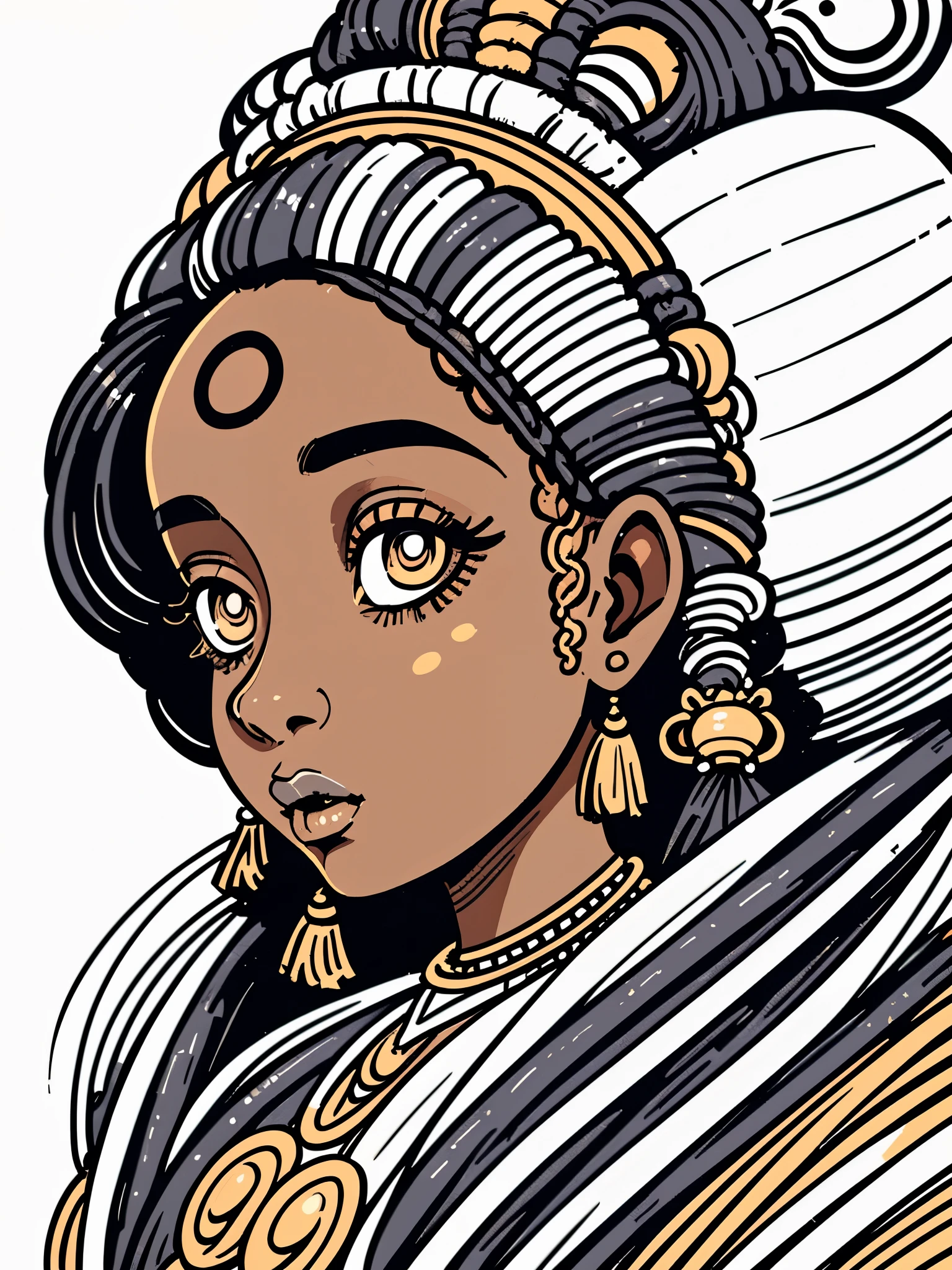 side view portrait of a traditional african woman, traditional african clothes, fancy hair, dark skin, abstract and contemporary style, ((detailed and expressive cartoon eyes)), fine art style, lots of fine lines and shading style, mostly white with muted colour accents, full background with detailed line art