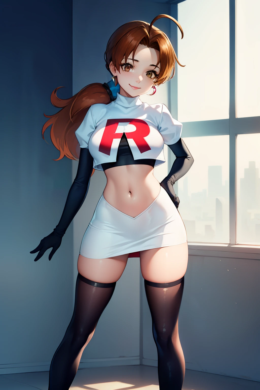 deliaketchum, brown hair, (brown eyes:1.7), parted bangs, (ahoge:1.5), ponytail, low ponytail,glossy lips, light makeup, eye shadow, earrings ,team rocket,team rocket uniform, red letter R, white skirt,white crop top,black thigh-high boots, black elbow gloves, evil smile look,