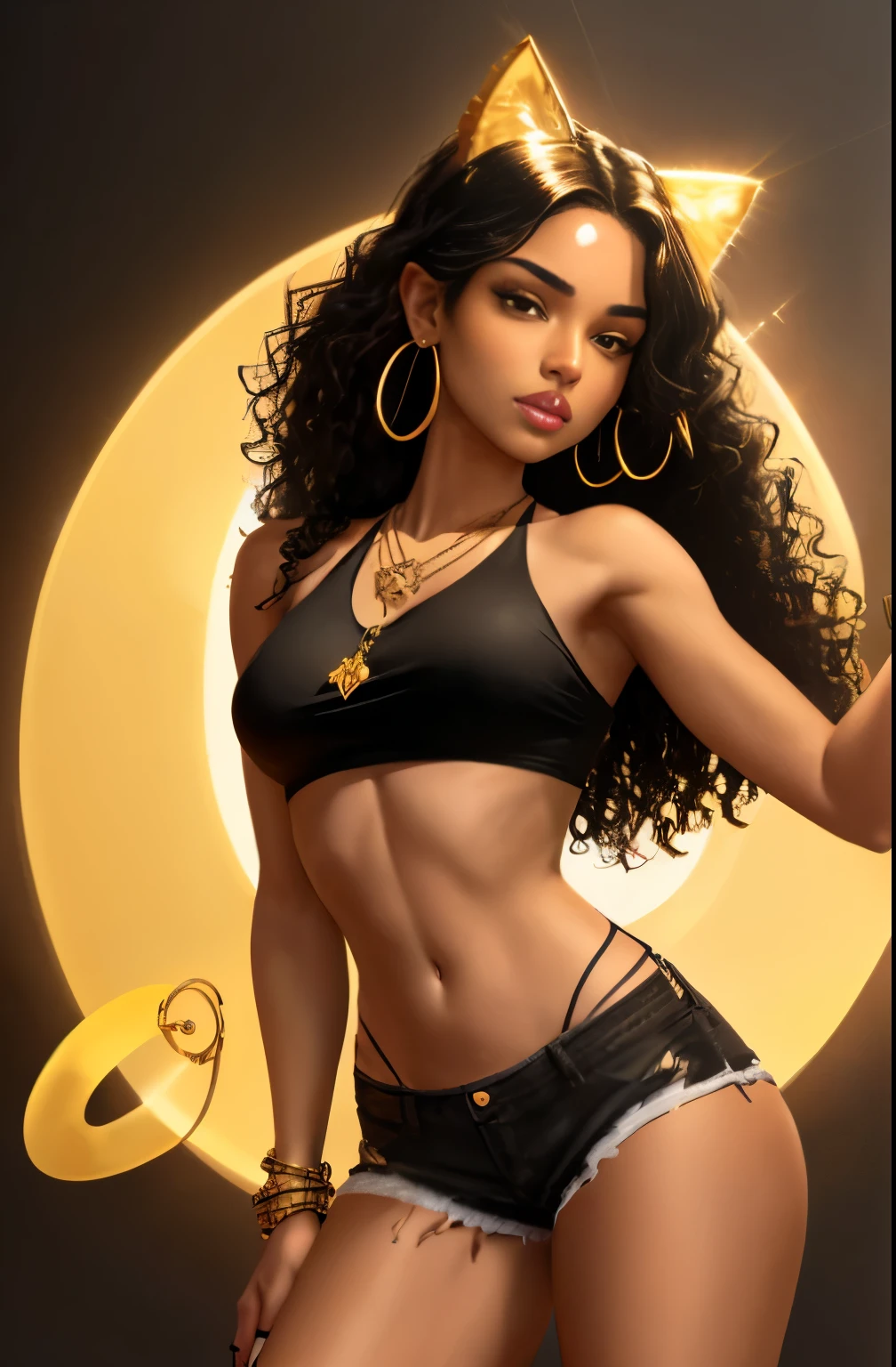 Jasmine is a light tan-skinned Latina woman with long, curly black hair. She wears a brownish-yellow crop top, black ripped jeans, white shoes and a golden hoop earring with a diamond-like shape on her right ear. She also wears a necklace with a black string and golden circlet. She holds a light-red microphone mounted on a stand in her left hand.