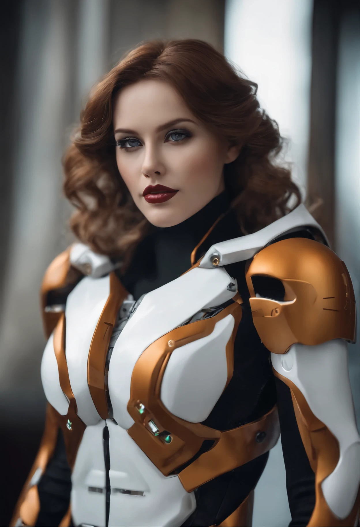 ((mesa)), ((maximum quality), alta qualidade、ultra-definition, realista, (Rosto ultrafino)、colorido 、Science fiction、Beautiful robot police woman、((Ciberpolis))、((Mechanical joints))、machine body、((machine components))、Actuator Joints、White porcelain mechanical armor、(Curvy face)、((Olhos ultra detalhados))、boca fina、inexpressivo、cabelos lisos、((((Electronic substrate)) ))、Machine Gloves、(Capacete com sensor de antena)、da parte traseira
