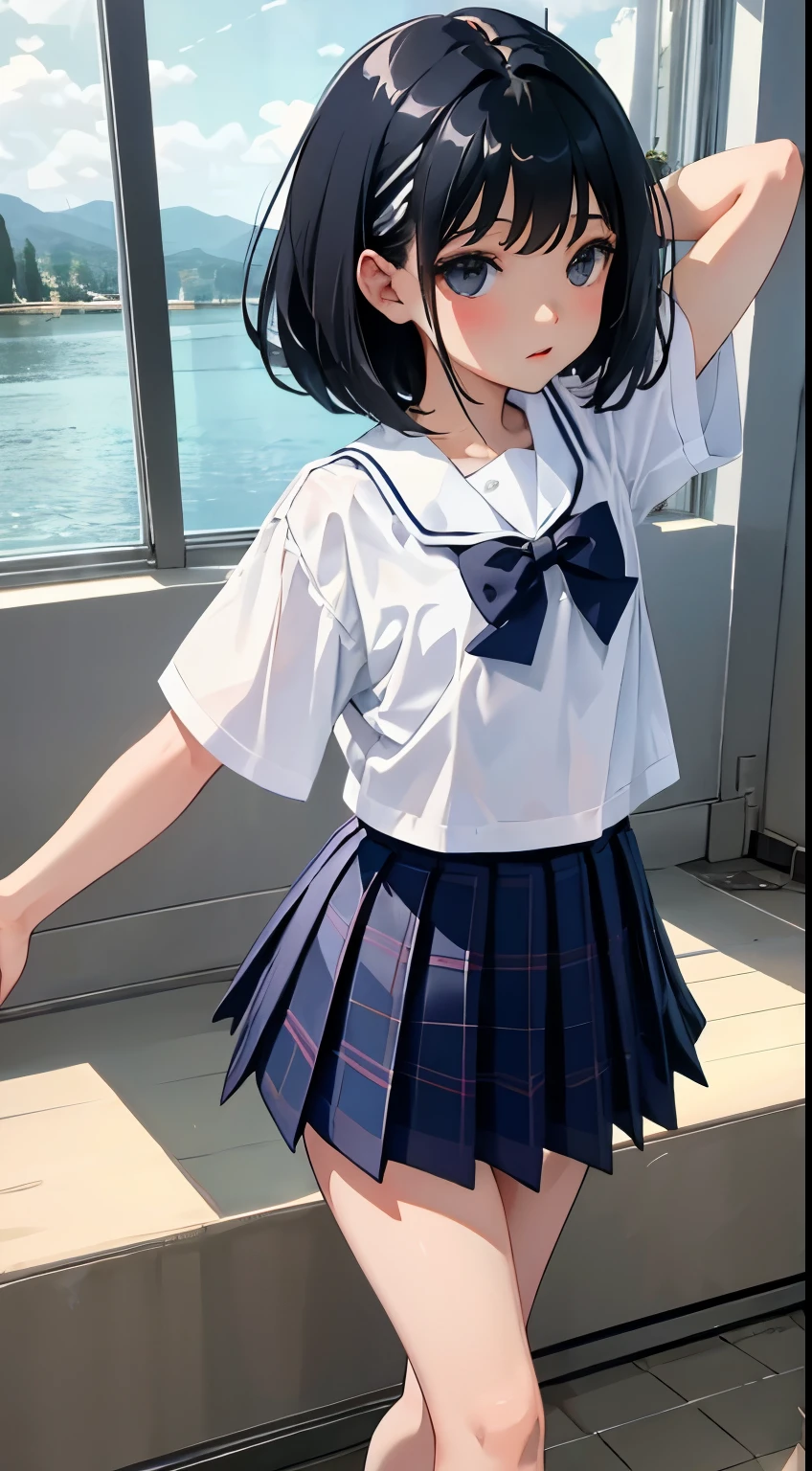 dance，(child)，（masterpiece，Top quality)，Plaid navy pleated mini skirt，short sleeve，black hair，Summer Classroom，Lakeside