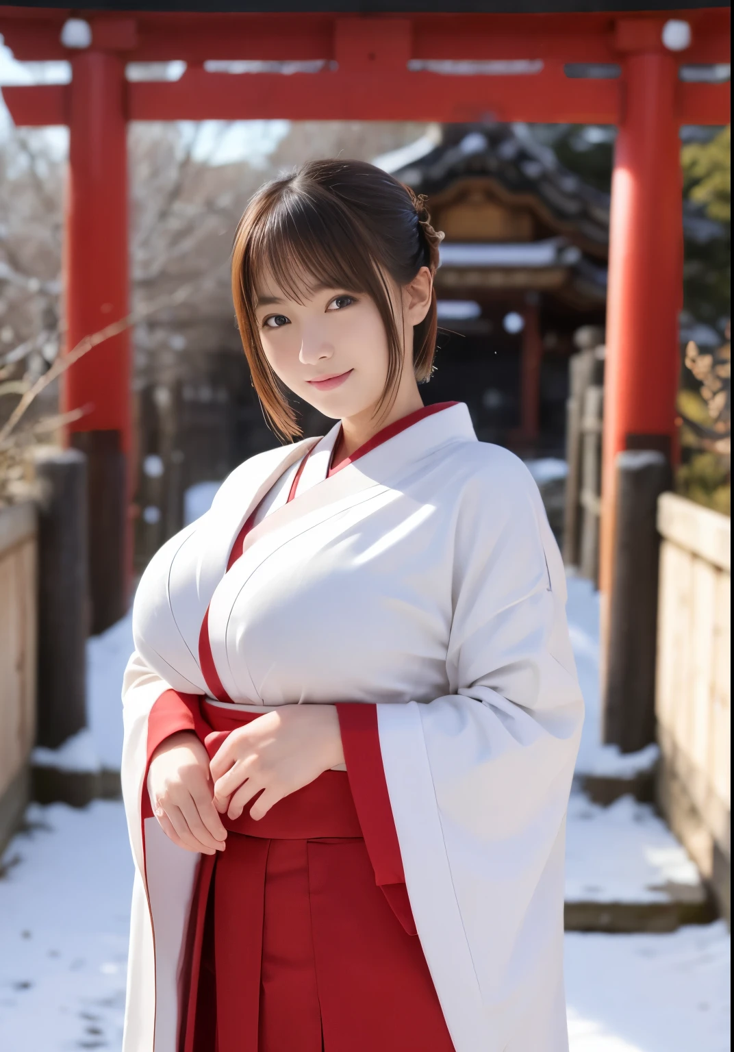 shrine、sunny winter weather、the leaves wither and fall、snow scene、snow-covered plants、Japanese clothing、plain white kimono、The skirt part is red、miko、Standing in front of the torii gate with the shrine behind、 Sakimi-chan,, nice and cute, innocent smile, , nice smile, Sakimi-chan HDRI、li big breasts、,(Big breasts that are about to burst:1.20),(beautiful big breasts 1:1)、brown hair、brown hairの髪、beautiful eyes、liirl with short bob