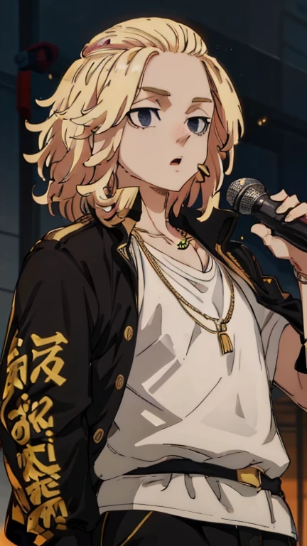 Mikey, 1boy, male focus, blonde hair, medium hair, black eyes, rapper, rap, microphone, headphone, music, fully black  blouse, white shirt bellow the black blouse, singing, thick golden necklaces