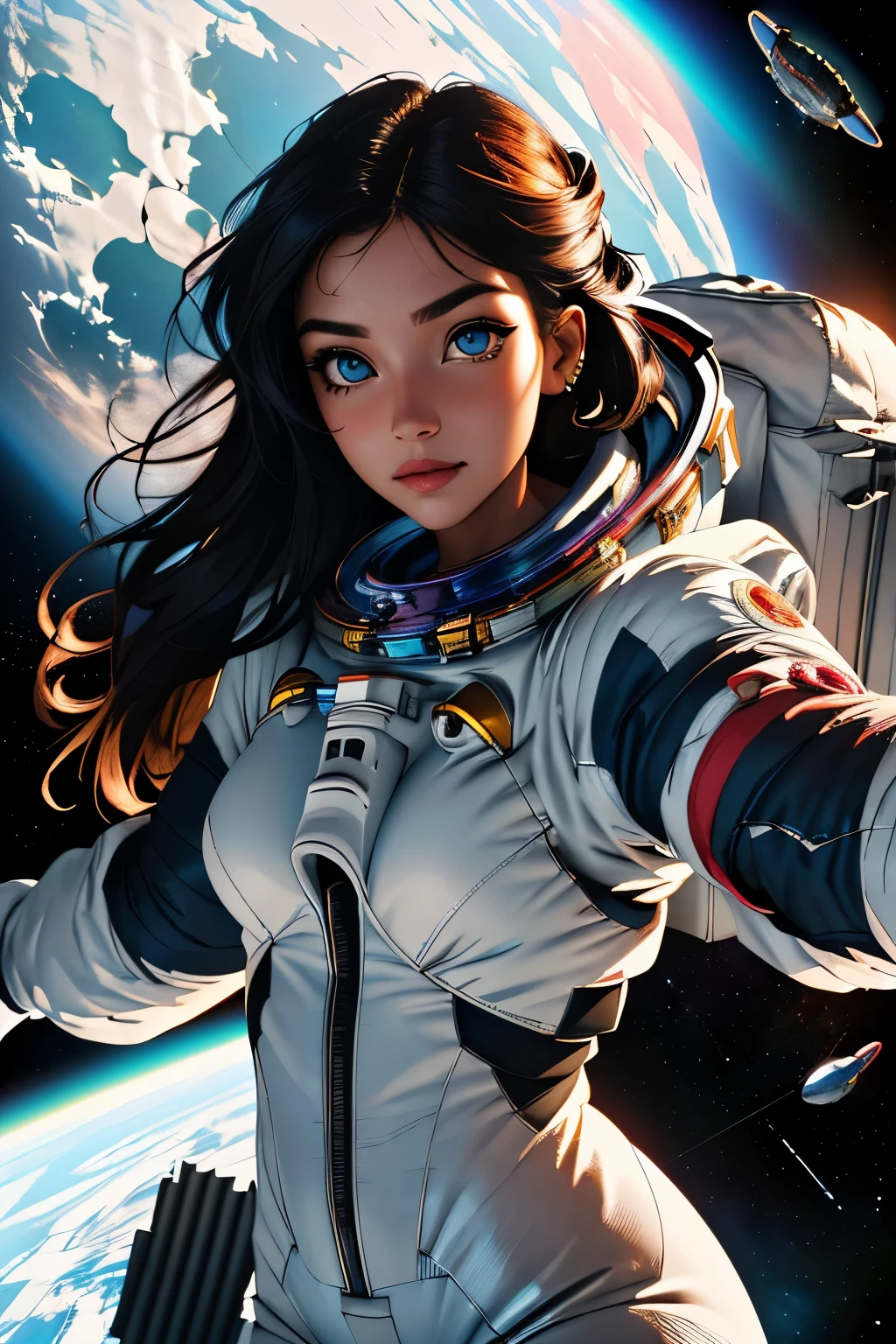 Stunning female in space suit, sci-fi, extremely beautiful piercing eyes, cinematic scene, hero view, action pose, scenery, detailed background, masterpiece, best quality, high quality, intricate, absurdres, very detailed, extremely high resolution, 8k, vivid, colorful, Studio Ghibli xl:1.5>