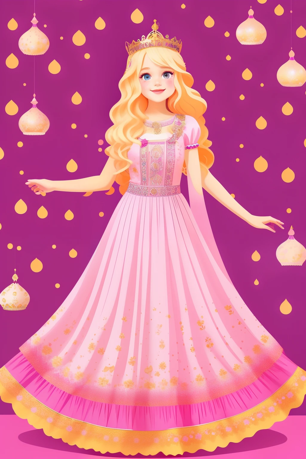 PRINCESS SMILE CUTE ILLUSTRATION PAGE VIVED COLORFUL LONG DRESS TO FLOOR BLOND HAIR CROWN PINK BACKGROUND FULL BODY ON PAGE