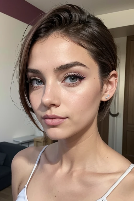 Belle fille, Marron_eyeeautiful mince adolescente de 18 ans, cheveux color [Brown highlights cheveux], [Pixie undercut] cheveux)), boucles d’oreilles, lèvres, Réaliste, taille étroite, charmant, pink lèvrestick, maquillage coloré, Cils longs, boucles d’oreilles, porter de l’eye-liner, peau claire, (mignon), (face détaillée), Yeux détaillés, Iris détaillé, corp magnifique, corps athlétique, abdominaux prononcés sur l&#39, à Paris