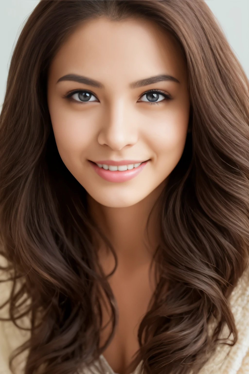 Portrait of A confident-looking indian woman with long flowing hair, (blue eyes: 1.2), with flowing capes, wavyhair, high cheek bones, plump juicy lips, perfect composition, no jewelry, hyperrealistic, super detailed, 8k, high quality, trending art, trending on artstation, sharp focus, studio photo, intricate details, highly detailed, mugshot, facing camera, looking into lens, focussing on lens, smiling, closed lips, beautiful smile