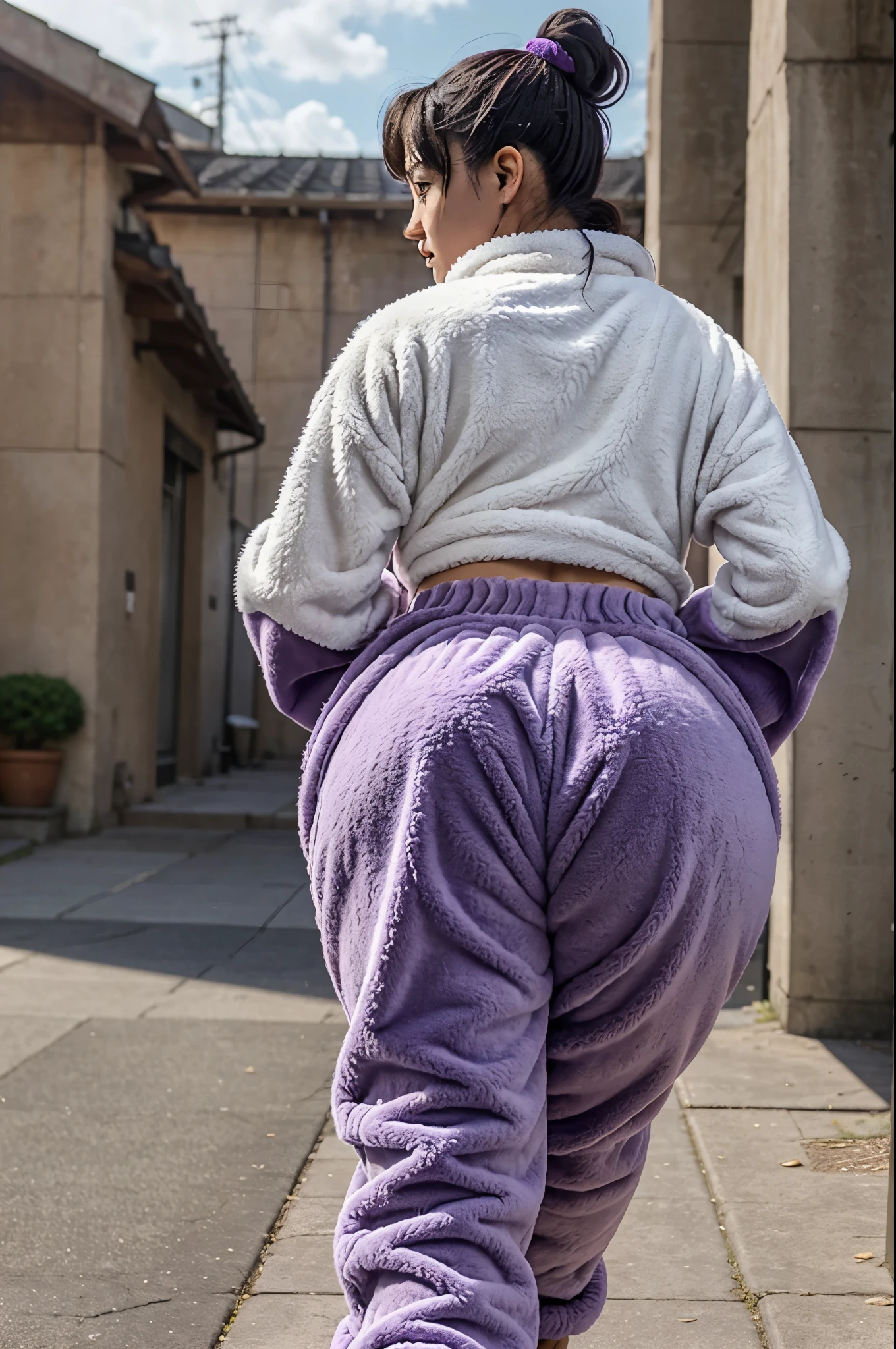 Chun Li from street fighter, purple baggy pants, huge butt, big breasts, cute, 4k, realistic, fleece fluffy pants, full body, lots of fleece, lots of fluffy, fluffy, walking away from camera, fleece pants,purple fleece pants baggy, realistic, detailed, fluffy pants, lots of fluffy pants, super fluffy pants, fluffy pants, super detailed fluffy pants, big butt, huge butt, fluff, fleece, lots of fleece, cute, lots of fluff, big butt, baggy pants, lots of detail, purple fleece fluffy, close to camera, realstic,