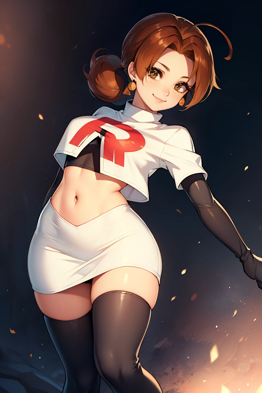 deliaketchum, brown hair, (brown eyes:1.7), parted bangs, (ahoge:1.5), ponytail, low ponytail,glossy lips, light makeup, eye shadow, earrings ,team rocket,team rocket uniform, red letter R, white skirt,white crop top,black thigh-high boots, black elbow gloves, evil smile look,