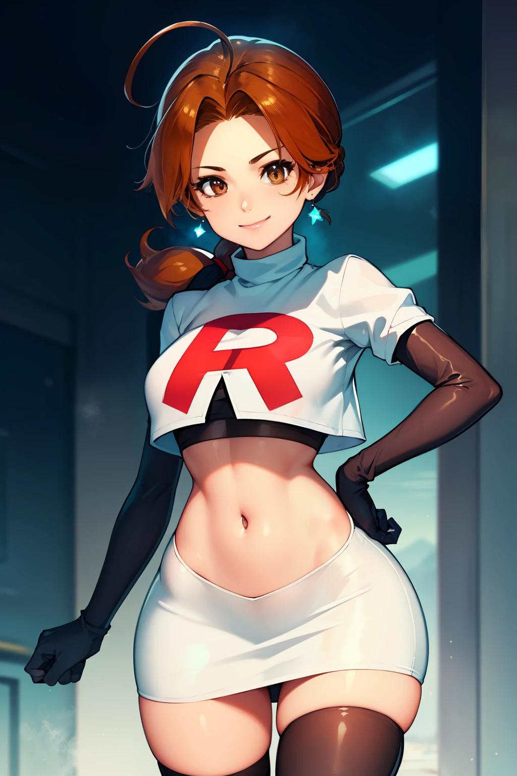 deliaketchum, brown hair, (brown eyes:1.7), parted bangs, (ahoge:1.5), ponytail, low ponytail,glossy lips, light makeup, eye shadow, earrings ,team rocket,team rocket uniform, red letter R, white skirt,white crop top,black thigh-high boots, black elbow gloves, evil smile look,